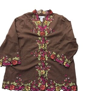 Susan Graver 2 Piece SetXL Linen Blend Embroidered Flowers Chocolate Brown Comfy